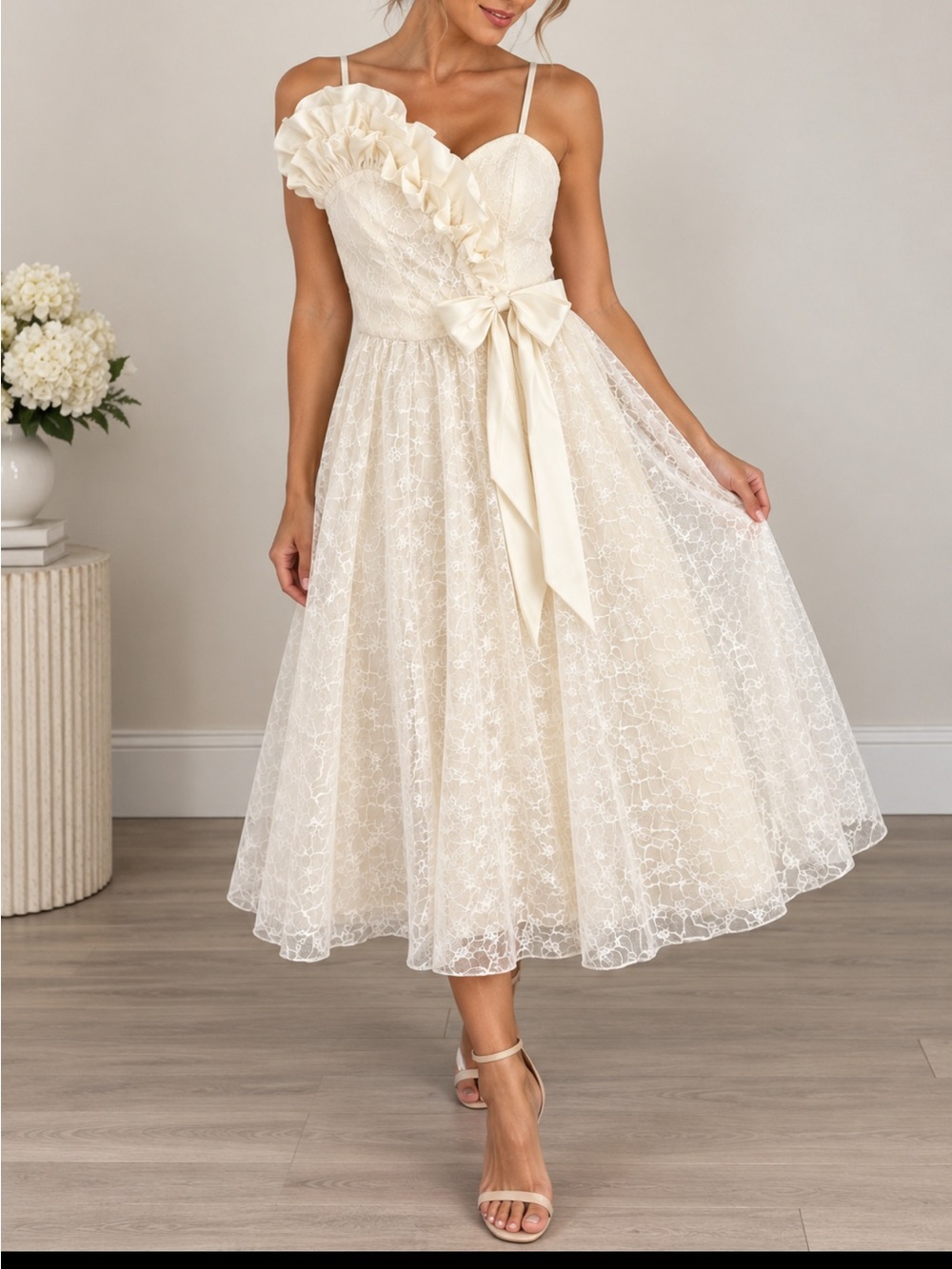 Vintage Romantic Floral Lace Midi Dress in Cream